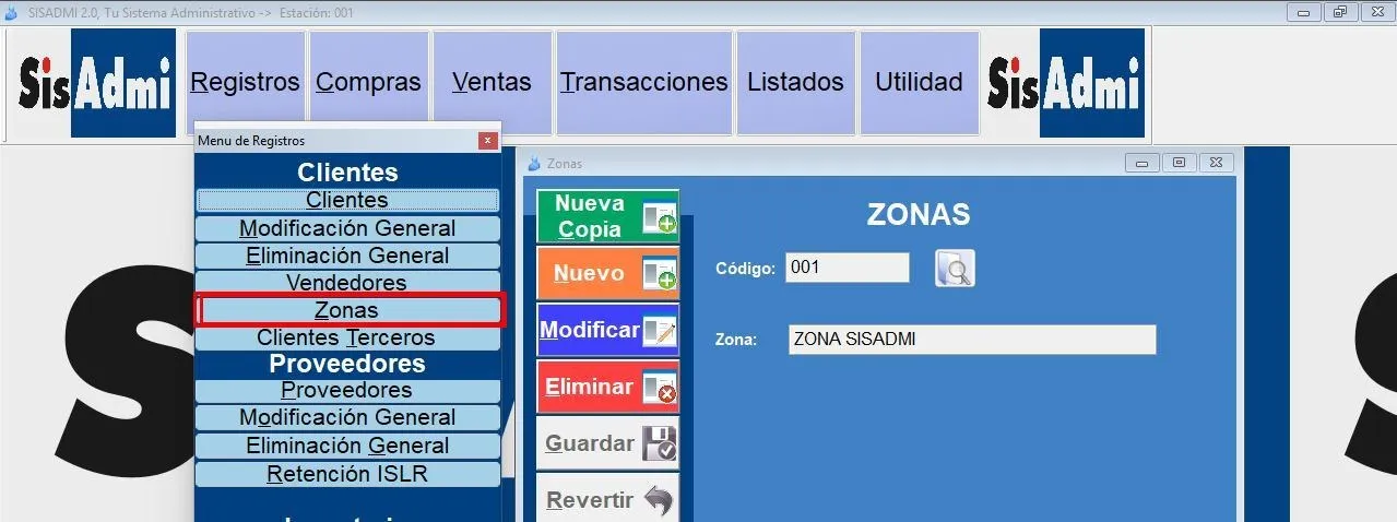 Pantalla real de Sisadmi: Registros