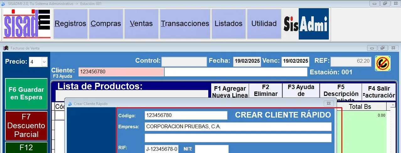 Pantalla real de Sisadmi: Facturación de ventas